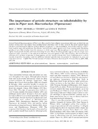The Importance of Petiole Structure on Inhabitability by Ants in Piper Sect. Macrostachys (Piperaceae)