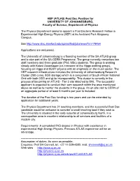 Post Doc Position for UNIVERSITY of JOHANNESBURG, Faculty of Science, Department of Physics