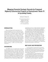 Mapping Potential Geologic Hazards for Proposed Highway Construction Projects in Pennsylvania: Route 15 in Lycoming County