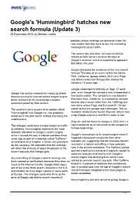 Google's 'Hummingbird' Hatches New Search Formula (Update 3) 26 September 2013, by Michael Liedtke