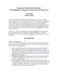 Recipe for Mobile Data Security: TPM, Bitlocker, Windows Vista and Active Directory