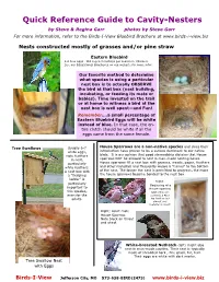 Quick Reference Guide to Cavity-Nesters by Steve & Regina Garr Photos by Steve Garr