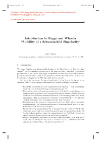 Introduction to Regge and Wheeler “Stability of a Schwarzschild Singularity”