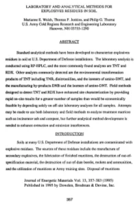 Laboratory and Analytical Methods for Explosives Residues in Soil