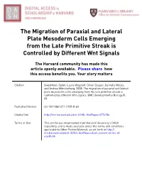 The Migration of Paraxial and Lateral Plate Mesoderm Cells Emerging from the Late Primitive Streak Is Controlled by Different Wnt Signals