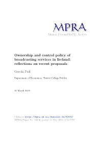 Ownership and Control Policy of Broadcasting Services in Ireland: Reﬂections on Recent Proposals