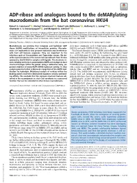 ADP-Ribose and Analogues Bound to the Demarylating Macrodomain from the Bat Coronavirus HKU4