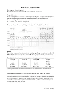 Unit 6 the Periodic Table How to Group Elements Together? Elements of Similar Properties Would Be Group Together for Convenience