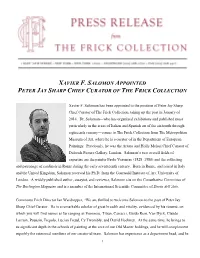 Xavier F. Salomon Appointed Peter Jay Sharp Chief Curator of the Frick Collection
