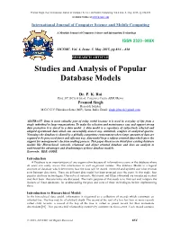 Studies and Analysis of Popular Database Models