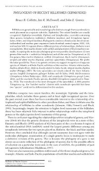 Phylogeny of Recent Billfishes (Xiphioidei)