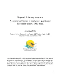 Choptank Tributary Summary: a Summary of Trends in Tidal Water Quality and Associated Factors, 1985-2018