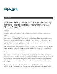 Acclaimed British Intellectual and Media Personality Noreena Hertz to Host New Program for Siriusxm Starting August 28