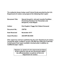 Sexual Assault in Jail and Juvenile Facilities: Promising Practices for Prevention and Response, Final Report