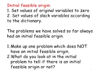 Initial Feasible Origin: 1. Set Values of Original Variables to Zero. 2. Set Values of Slack Variables According to the Dictionary