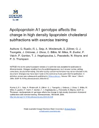 Apolipoprotein A1 Genotype Affects the Change in High Density Lipoprotein Cholesterol Subfractions with Exercise Training