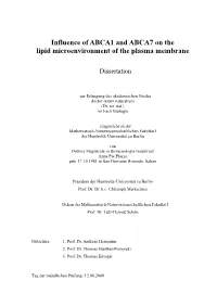 Influence of ABCA1 and ABCA7 on the Lipid Microenvironment of the Plasma Membrane