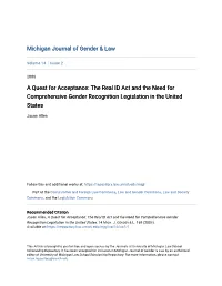 A Quest for Acceptance: the Real ID Act and the Need for Comprehensive Gender Recognition Legislation in the United States
