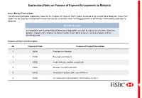 Explanatory Notes on Purpose of Payment for Payments to Malaysia