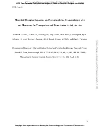 Modafinil Occupies Dopamine and Norepinephrine Transporters in Vivo and Modulates the Transporters and Trace Amine Activity in V