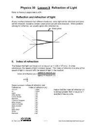 Physics 30 Lesson 8 Refraction of Light