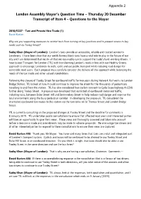 London Assembly Mayor’S Question Time – Thursday 20 December Transcript of Item 4 – Questions to the Mayor