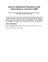 Index to Obituaries Published in the Akron Beacon Journal in 2009