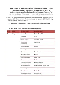 Notice Calling for Suggestions, Views, Comments Etc from WTO- SPS Committee Members Within a Period of 60 Days on the Draft Noti