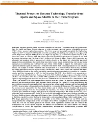 Thermal Protection Systems Technology Transfer from Apollo and Space Shuttle to the Orion Program