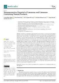 Neuroprotective Potential of Limonene and Limonene Containing Natural Products