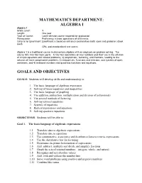 Algebra I Goals and Objectives