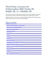 Third Party Licenses for Embarcadero RAD Studio XE, Delphi XE, C++Builder XE