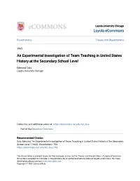 An Experimental Investigation of Team Teaching in United States History at the Secondary School Level