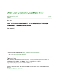 Prior Restraint and Censorship: Acknowledged Occupational Hazards for Government Scientists