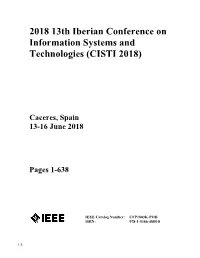 2018 13Th Iberian Conference on Information Systems and Technologies (CISTI 2018)