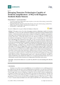 Emerging Transistor Technologies Capable of Terahertz Ampliﬁcation: a Way to Re-Engineer Terahertz Radar Sensors