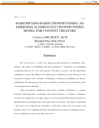 Subscription-Based Crowdfunding: an Emerging Alternative Crowdfunding Model for Content Creators