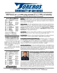 USD Toreros (4-1, 3-0 PFL) Play at Drake (3-3, 2-1 PFL) on Saturday Jonah Hodges Named PFL Offensive Player of the Week