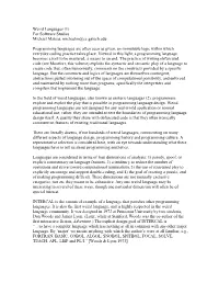 Weird Languages (1) for Software Studies Michael Mateas, Michaelm@Cc.Gatech.Edu