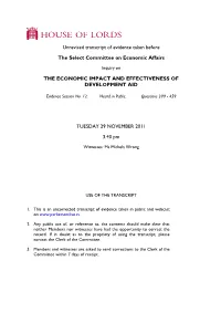 Unrevised Transcript of Evidence Taken Before the Select Committee On