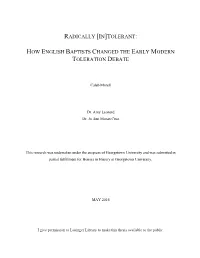 How English Baptists Changed the Early Modern Toleration Debate