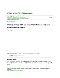 The First Century of Magna Carta: the Diffusion of Texts and Knowledge of the Charter