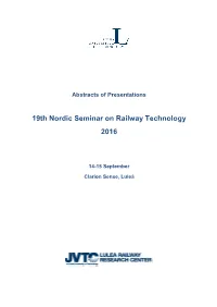 19Th Nordic Seminar on Railway Technology 2016