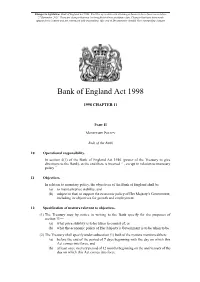 Bank of England Act 1998, Part II Is up to Date with All Changes Known to Be in Force on Or Before 27 September 2021