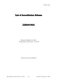 List of Accreditation Scheme JAB400:2021