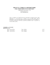 FRANCO CORELLI REPERTOIRE and PERFORMANCE HISTORY COMPILED by Frank Hamilton © 2003 Frank.Hamilton@Gs.Com