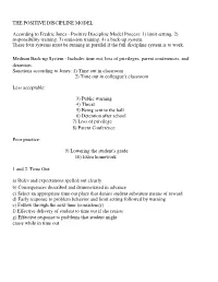 Positive Discipline Model Process: 1) Limit Setting, 2) Responsibility Training, 3) Omission Training, 4) a Back-Up System