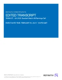 EDITED TRANSCRIPT SWMA.ST - Q4 2020 Swedish Match AB Earnings Call