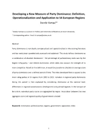 Developing a New Measure of Party Dominance: Definition, Operationalization and Application to 54 European Regions Davide Vampa1*