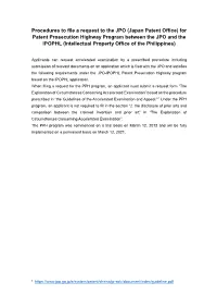 Japan Patent Office) for Patent Prosecution Highway Program Between the JPO and the IPOPHL (Intellectual Property Office of the Philippines)